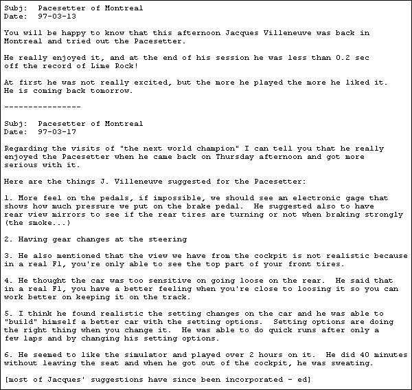 Emails regarding Jacques Villeneuve's test drives of a Pacesetter at Monde Virtuel in Montreal.